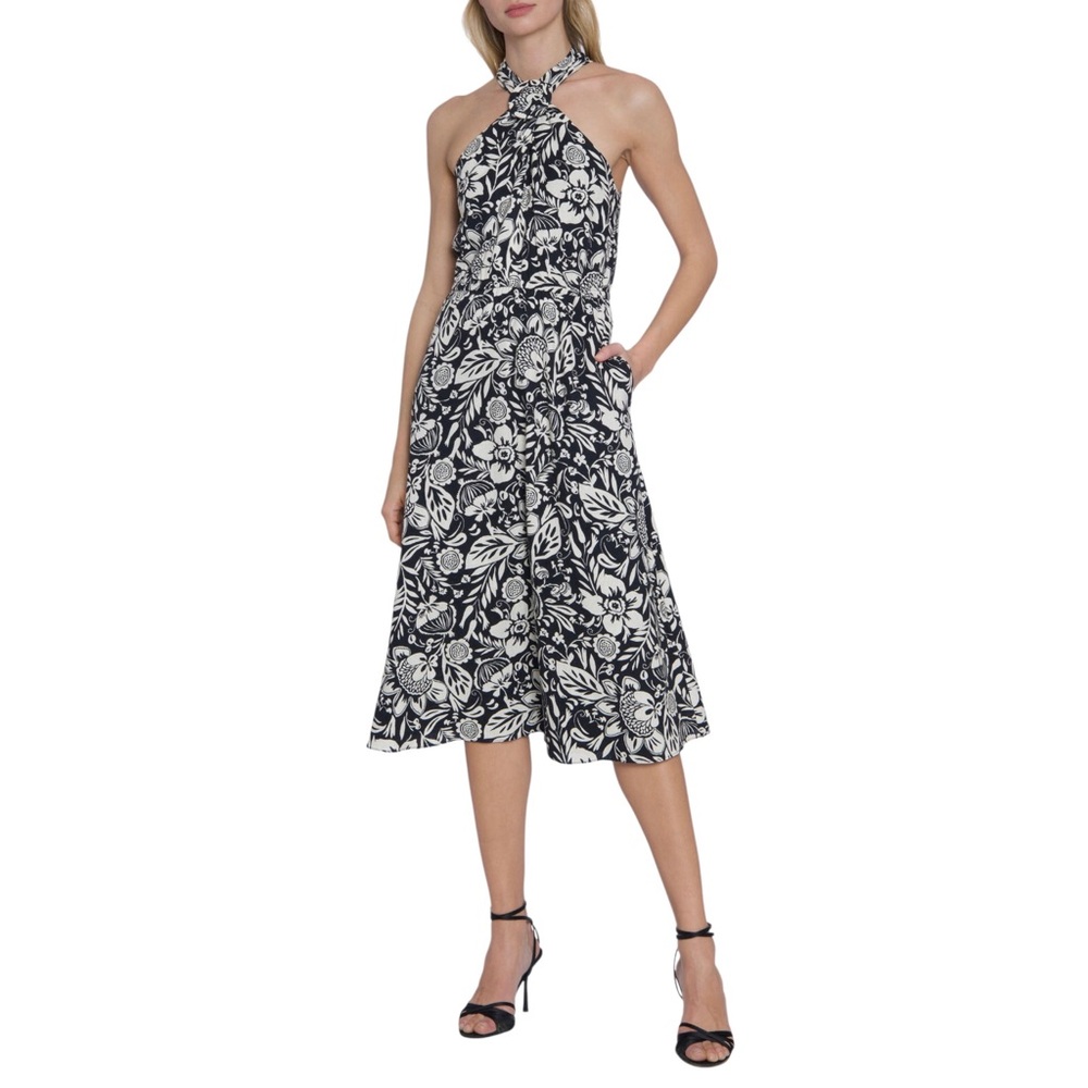 Maggy London Linen Blend Black Cream Floral Halter Pockets Lined Midi Dress 10